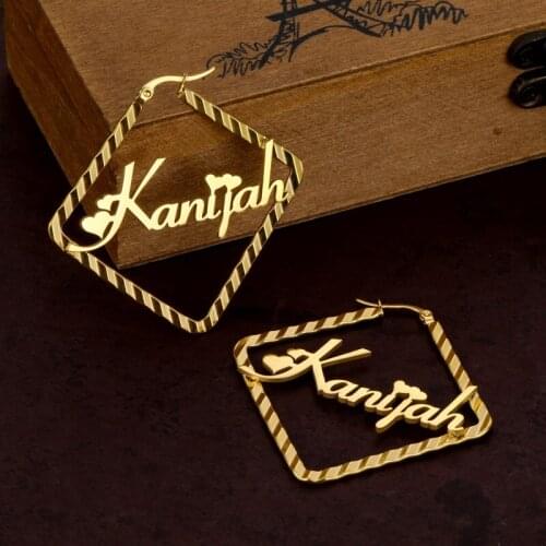 Stainless Steel Personalized Customize Square Name Hoop Earrings Jewelry For Women Girls Circle Earring