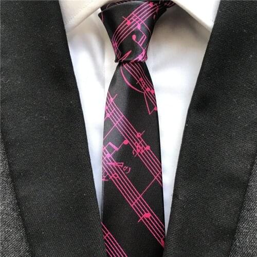 New Arrival 5cm Width Skinny Ties Black with Red Musical Notes Necktie Printed Polyester Tie