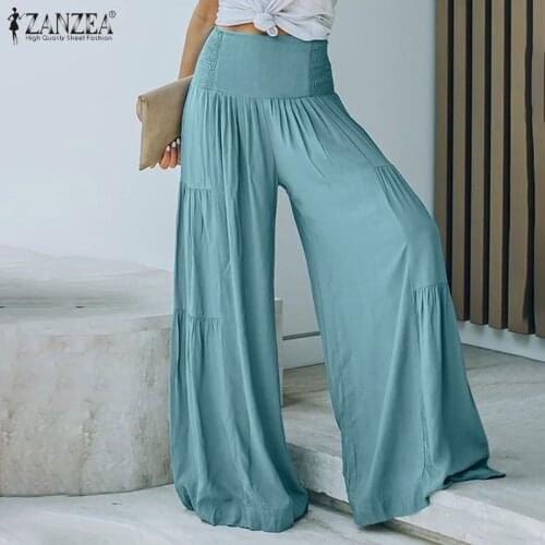 2021 Autumn Solid Loose Pant ZANZEA Fashion Wide Leg Pants Womens High Elastic Waist Long Trousers Lady Casual Oversize Pantalon