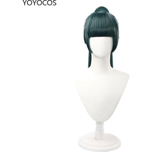 YOYOCOS Jujutsu Kaisen Maki Zenin Wig Cosplay 50cm Dark Green Flat Bangs Female Wig Synthetic Hair Heat Resistant Halloween