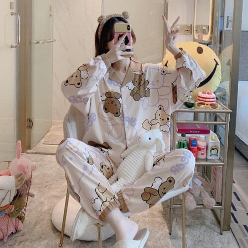 QWEEK Pajamas for Women Kawaii Cartoon Asymmetric Print Pyjamas Summer Autumn Home Clothes Room Wear Pijamas Turn-down Collar
