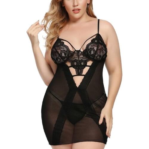 Plus Size Lingerie for Women Sexy Chemise Lace Trim Strappy Mesh V- Neck Sleepwear Babydoll