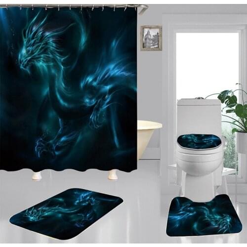 Retretro Dragon and Phoenix Design Digital Print Shower Curtain Bathroom Decorative Bath Mat Toilet Seat 4-piece Set