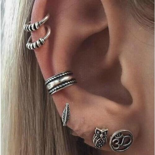 Ea893 Europe and the United States Gothic punk Vintage anchor anchor owl Leaves Geometric shape seven sets of earrings jewelry