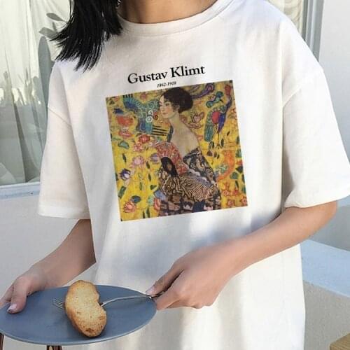 Sunfiz YF Gustav Klimt Letter Print Tee Summer New Womens Loose Tee Chic Harajuku Pattern Art Oil Painting Fashion Vintage Top
