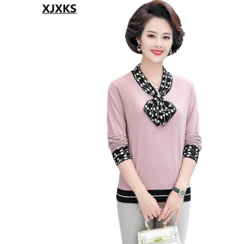 XJXKS 2021 autumn winter new wool knitted sweater women pullover fashion bow tie long-sleeved women sweater