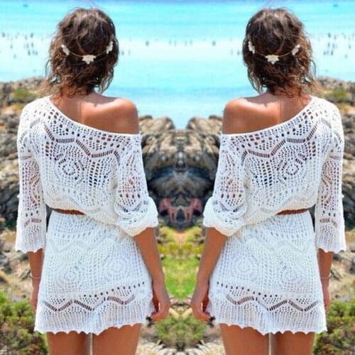 Women Swimwear Bathing Suit Beach Dress Lace Crochet Bikini Cover Up Boho Hollow Out Knitted Tops Biquinis Feminino Vestidos