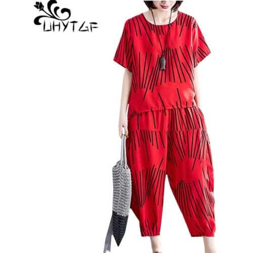 UHYTGF Summer two piece set women Ethnic style retro plus size sports suit Cotton linen stripe harem pants casual Female sets121