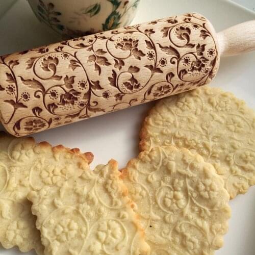 1pc Embossed Rolling Pin Engraved Carved Wood Embossed Rolling Pin Kitchen Tool Embossing Baking Cookies Biscuit Fondant Tool
