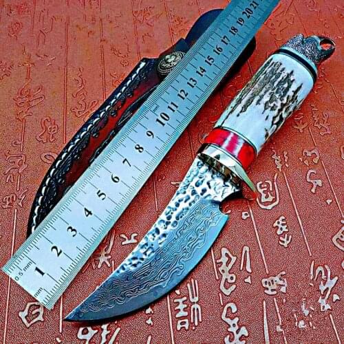 100% damascus steel knife blade hunting knife Antlers horn eagle handle handmade damascus forged steel Straight knife