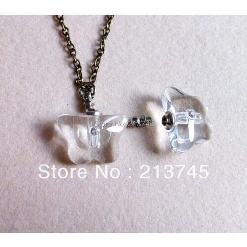 Freeshipping! Butterfly transparent Glass Rice Vial Pendants wish pendant Screw Cap (most are blue,pink,purple,clear color)