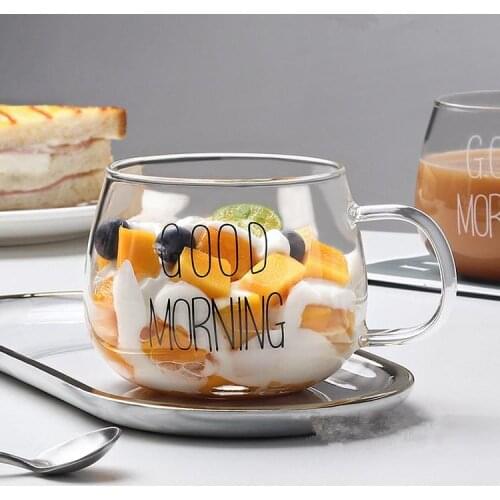 Good Morning Transparent Creative Glass Coffee Tea Drinks Dessert Breakfast Milk Cup Mugs Handle Drinkware Kitchen Supplies