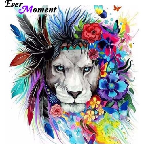 Ever Moment DIY Diamond Painting Beautiful Colorful Cool Lion with Feather and Flower Butterfly Animal Embroidery ASF1003