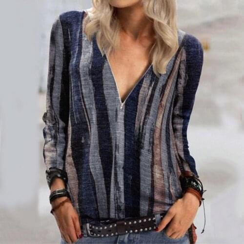 Women Fashion V-neck Zipper Striped Printing Long Sleeves Tops T-shirt Femme Vintage Clothes Ladies Basic Daily Wear T Shirt