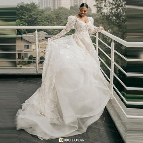 2021 New Designer Wedding Dresses Aso Ebi Style Puffy Long Sleeves With Long Train V Neck Sheer Lace Bridal Wedding Gowns