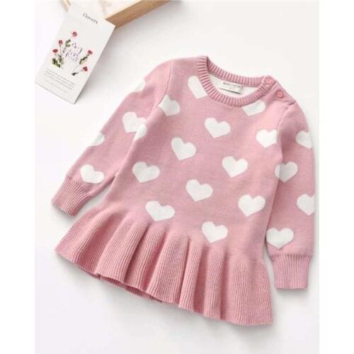 1-5T Toddler Kid Baby Girl Clothes long Sleeve Heart Print Knitted Dress Elegant Cute Sweet Warm Winter Outfit