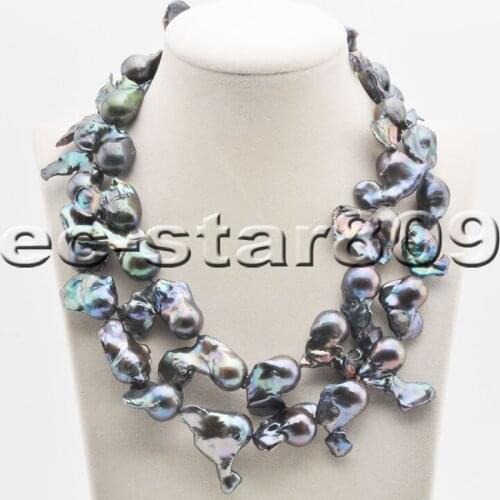 P6525 2Row 17" 28mm Black BAROQUE KESHI REBORN PEARL NECKLACE CZ Choker