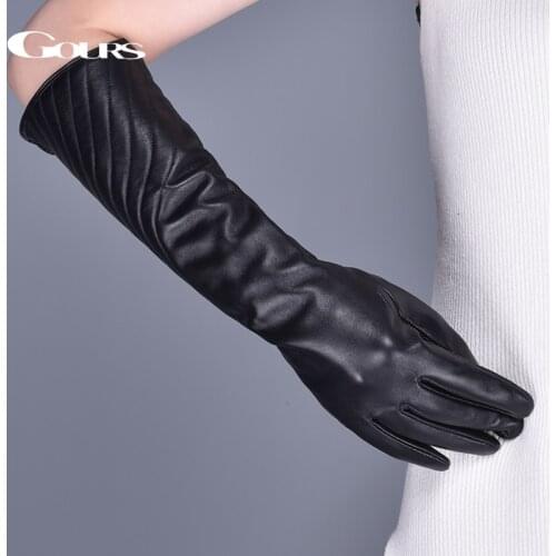 Gours Womens Genuine Leather Gloves Winter Warm Striped Black Sheepskin Long Touch Screen Gloves Fashion Mittens New GSL081