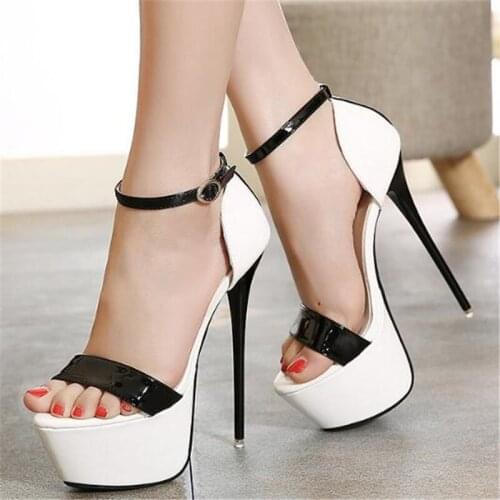 Women Sandals 16CM Thin High Heels Summer Brand Woman Pumps PU Buckle Strap Open Toed waterproof Party Wedding woman shoes