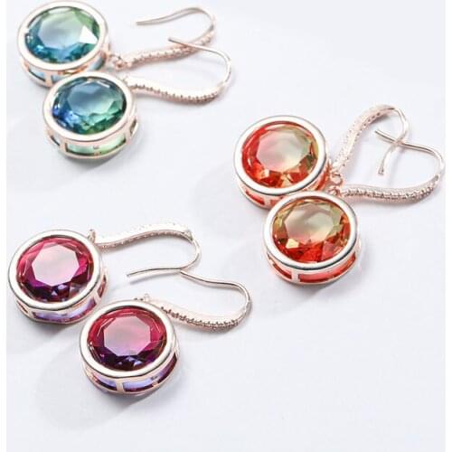 MOONROCY Rose Gold Color Crystal Earrings Dangle Trendy Round Yellow Green Earring for Women Gift Jewelry Wholesale Dropshipping