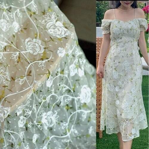 Light Green Chiffon Embroidered Clothing Fabric Womens Dress Lace Fabric Garment Table Cloth Decorative Embroidery Fabric
