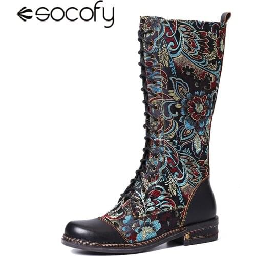 SOCOFY Flowers Pattern Colorful Stitching Elegant Zipper Lace Up Flat Mid Calf Boots Elegant Shoes Women Shoes Botas Mujer