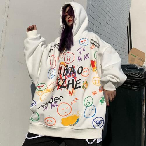 2021 womens autumn and winter loose streetwear hooded sweater graffiti top Harajuku couple fleece hoodie velvet