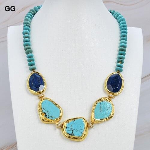 GuaiGuai Jewelry Natural Nugget Blue Lapis Rondelle Turquoises Slice Choker Necklace 21" Ethnic Style For Women