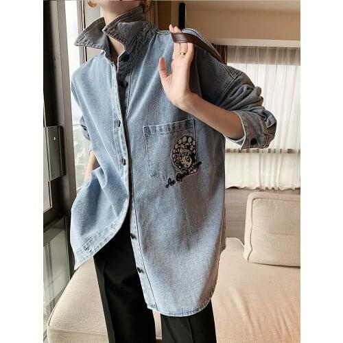 Embroidered denim shirt Womens ins fashionable profile long sleeve shirt Korean style loose simple coat base top 0906