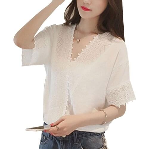 Ladies Elegant Tops Ropa Mujer New Fashion Women Casual V Neck Lace Short Sleeves Hollow Loose Summer Shirt Wild Tops