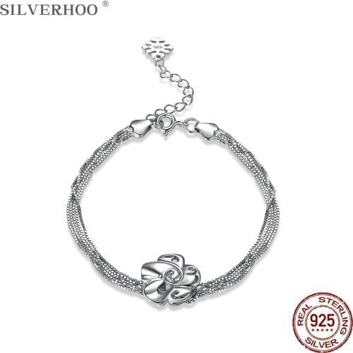 SILVERHOO 925 Sterling Silver Bracelet For Women Simple Flower Charm Bracelets Fine Silver Jewelry Anniversary To Girlfriend