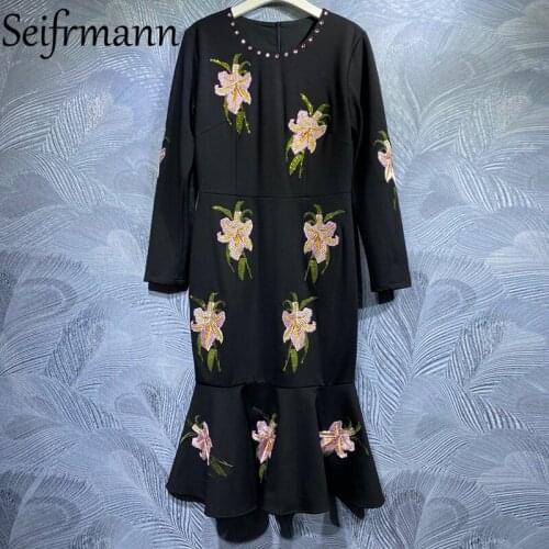 Seifrmann New 2021 Autumn Women Fashion Runway Mermaid Dress Long Sleeve Gorgeous Crystal Beading Elegant Midi Dresses Vestidos