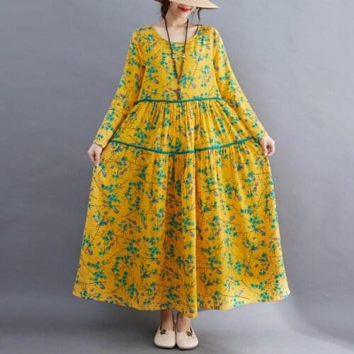 2021 New Arrival Long Sleeve Autumn Dress Thin Soft Cotton Linen Print Floral Chic Office Lady Work Dress Women Casual Dress