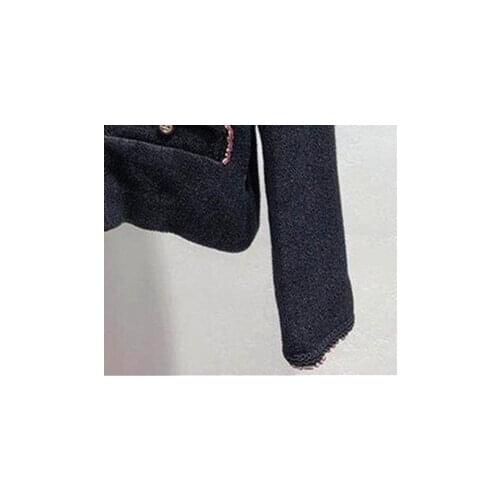 Women Tweed Short Coat Black Turn-down Collar Zipper Contrast Color Jackets 2021 Spring Autumn