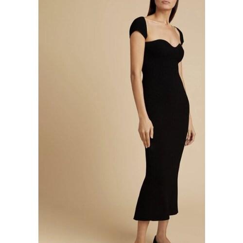 Women Vintage Slim Knitting Dress Square Collar Short Sleeve High Waist Midi Dresses