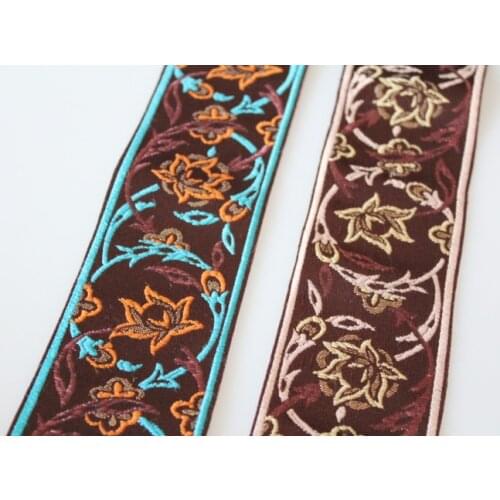 5 yards/lot Woven Jacquard Ribbon 6cm flowers brown background for curtain and clothing accessory LS-0385