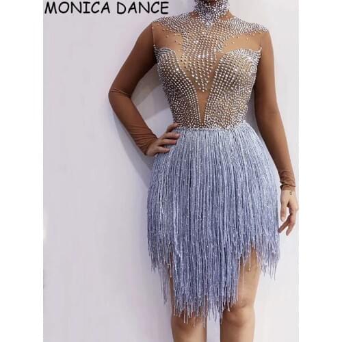 Sexy Silver Rhinestones Fringes Bodysuit Womens Birthday Prom Celebrate Transparent Leotard vening Dance Big Stretch Costume