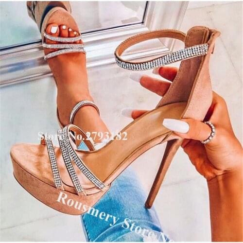 Bling Bling Open Toe Rhinestone Straps High Platform Stiletto Heel Sandals Suede Leather Crystal High Heel Sandals Dress Heels