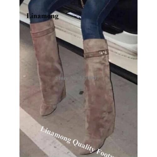 Linamong Brand Design Pointed Toe Suede Leather Knee High Wedge Boots Straps Buckle Inside Heels Boots Height Increased Boots