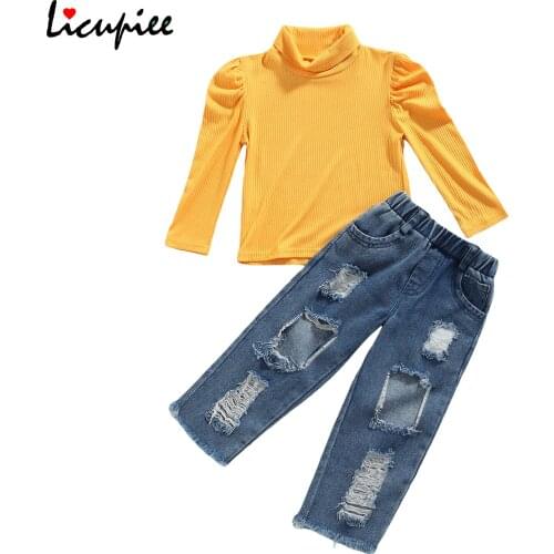 2-7 Years Childrens Sets 2pcs Kids Autumn Tracksuit Solid Turtleneck Mock-neck Long Sleeves Knit Tops + Ripped Jeans Girls