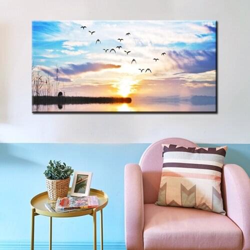 60X120cm-Sunsets Natural Lake Flying Birds Landscape Canvas Painting Posters and Prints Wall Art Picture for Living Room Decor