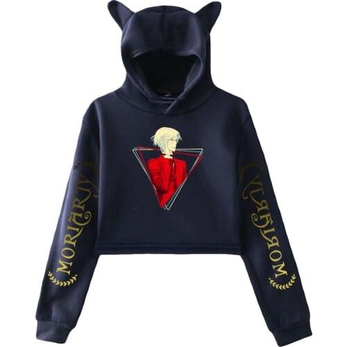 Kawaii Moriarty The Patriot Print Cat Cropped Hoodies Girl Long Sleeve Hooded Pullover Crop Clothes Sexy Loose Anime Y2k Tops