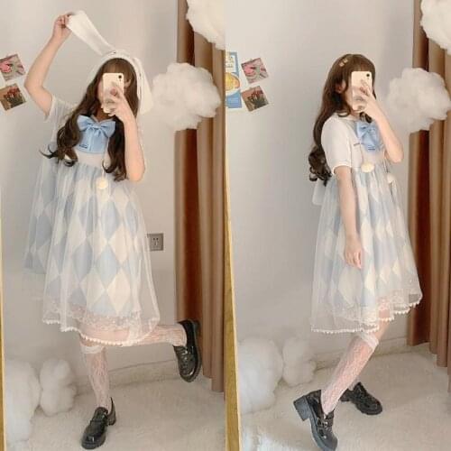 Kawaii Soft Girl Hoodie Summer Spring Dress One-Piece Japanese Cute Sweet Short Sleeve College Mesh Splicing Print Women Dresses
