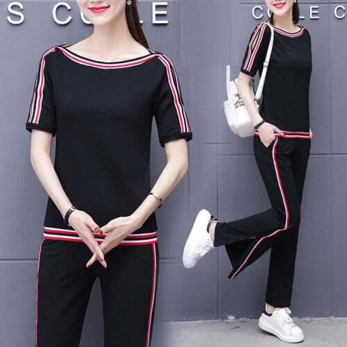 Plus size womens casual striped two piece set 2021 fashion street style loose pullover top wide leg pants sports suit cloth big