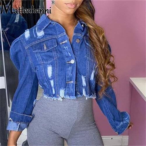 2021 Big Sale Spring Women Sexy Ripped Denim Jackets Vintage Casual Short Jean Jacket Puff Sleeve Winter Female Coat Streetwear