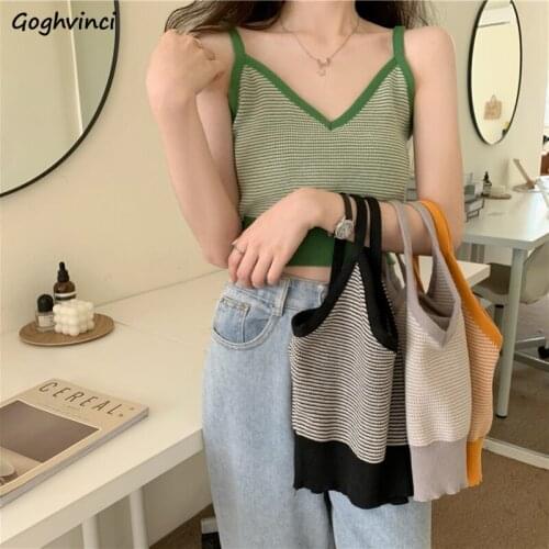 Summer V-neck Knitting Tank Tops Spaghetti Strap Slim Korean Style Sleeveless Camis Sexy Elegant Crop Tops Ulzzang Undershirts