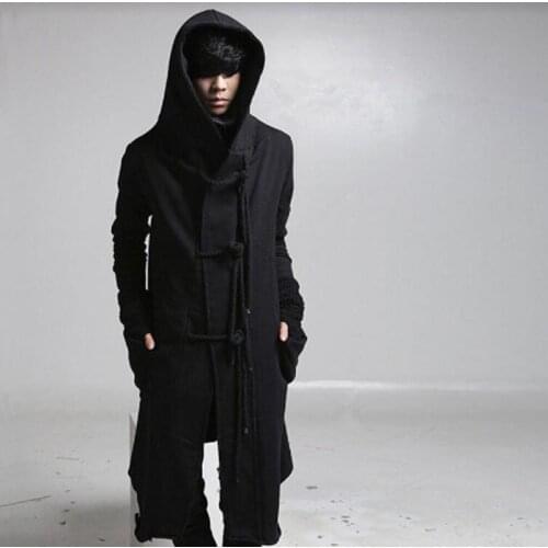 Winter men linen rope button hip hop long hoodie gothic hooded cloak nightclub DJ singer punk rock stage costume fleece hoodies