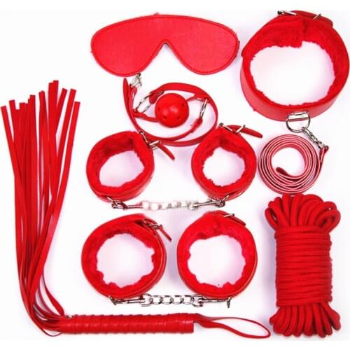 CandiWay 7Pcs/Set Sex Bondage Kit Slave Adult Games Toys Hand Cuffs Ankle cuff Whip Rope Blindfold Frisky Erotic Toys