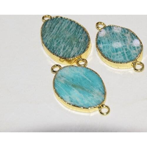 Natural Slab Blue Stone Oval Connector women jewelry making 2021 Amazonite Slice Gold plating big Stripe gem necklace pendant