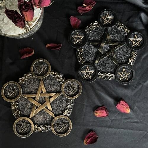 Resin Pentagram Candle Holder Cup Altar Cabinet Divination Ceremony Altar Shelf Decor Witch Pendulum Board Engraved